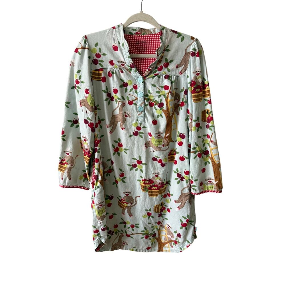 Nick & Nora Sleep Shirt Women's Medium Sock Monkey Apple Tree Print